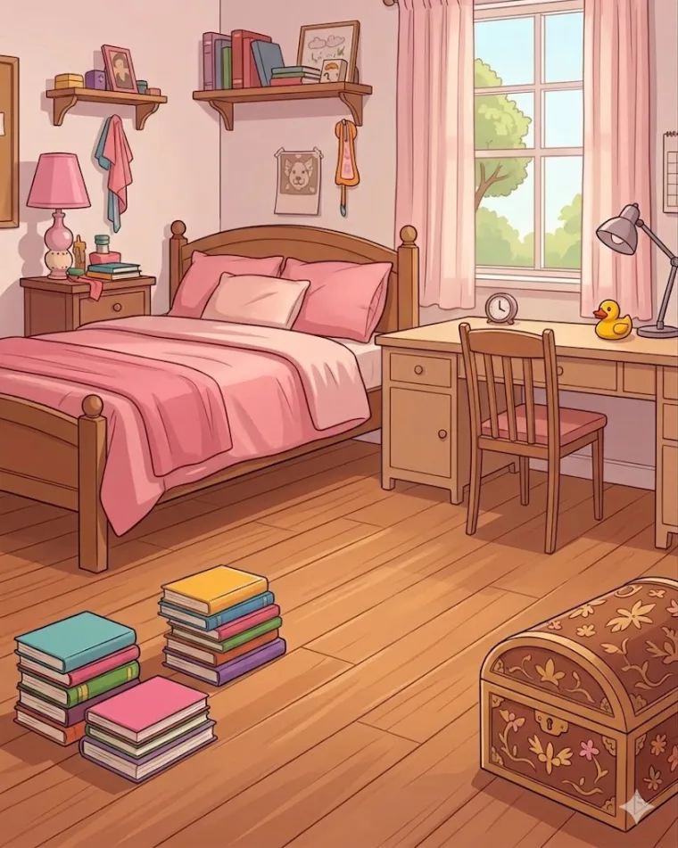 A child's bedroom, tidied and clean