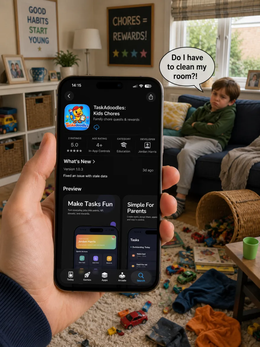 TaskAdoodles on the App Store, shown on a phone in a family living room