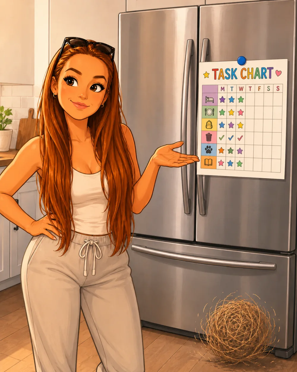 A parent pointing at a colourful chore star-chart stuck to the fridge