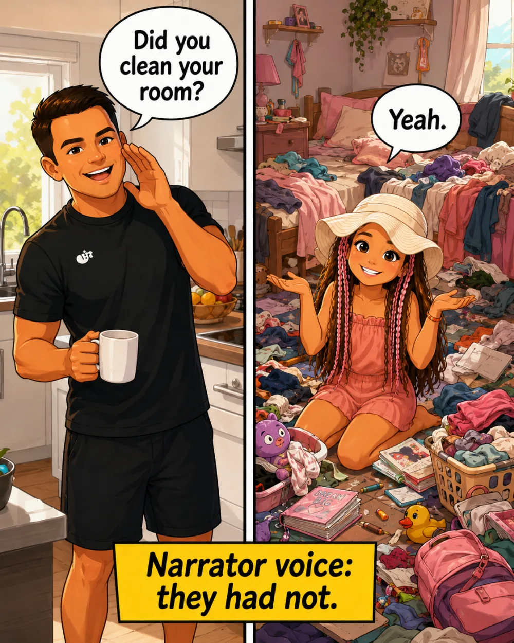 A parent asks 'Did you clean your room?' and a child says 'Yeah' from a very messy bedroom