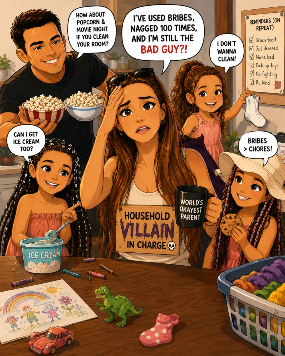 A frazzled parent labelled 'household villain' surrounded by kids demanding treats