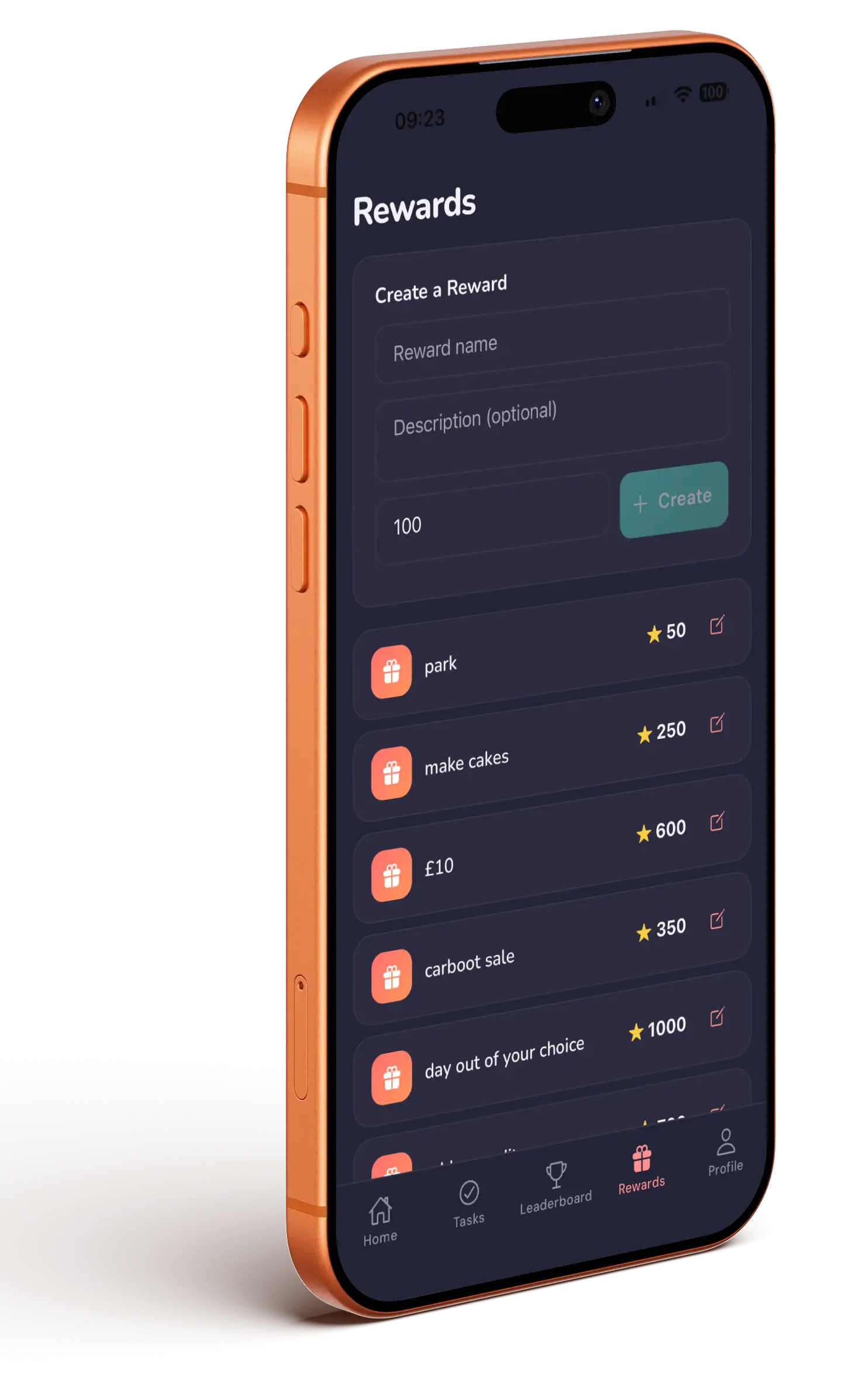 The Rewards screen — set what points are worth, from a trip to the park to £10