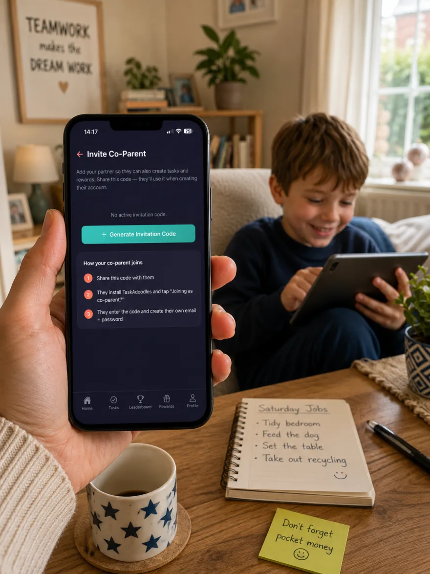 A parent holding a phone on the TaskAdoodles 'Invite Co-Parent' screen, a child on a tablet nearby